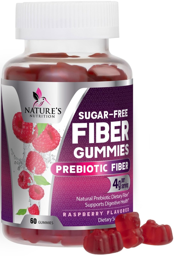 Prebiotyczne gumki włókniste 4g - Sugar Free Gummy Fiber Supplement for Adult 's Digestive Health & Regularny Wsparcie - Naturalny aromat malinowy, Mieszanka roślinna, Non-GMO & Gluten Free - 60 Gummies