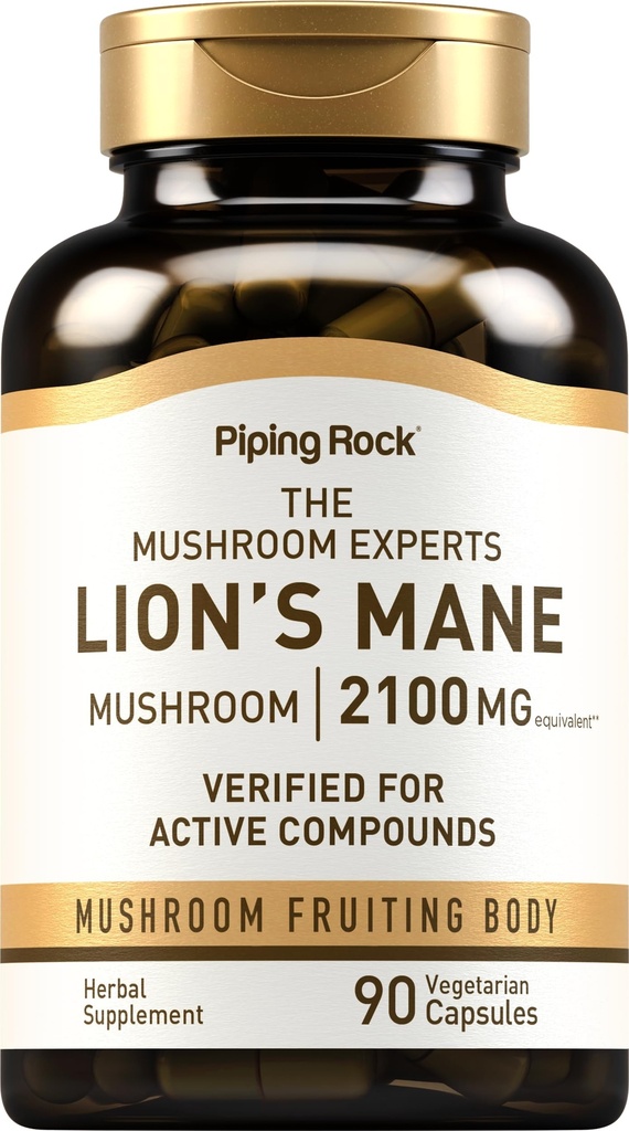 Piping Rock Lions Mane Supplement Kapsułki 124; 2100mg 124; 90 Hrabia 124; Mushroom Fruiting Body Extract for Men and Women British 124; Hericium Erinaceus British 124; Vegetarian, Non-GMO, Gluten Free