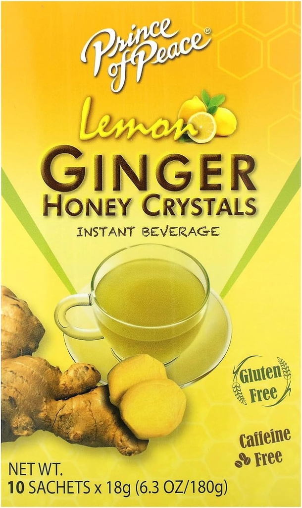 Prince of Peace Instant Natural Lemon Ginger Honey Crystals, 10 Sachets - Instant Hot or Cold Beverage for Nusea Relief and Soothes Throat - Łatwe do picia Ginger i Honey Crystals