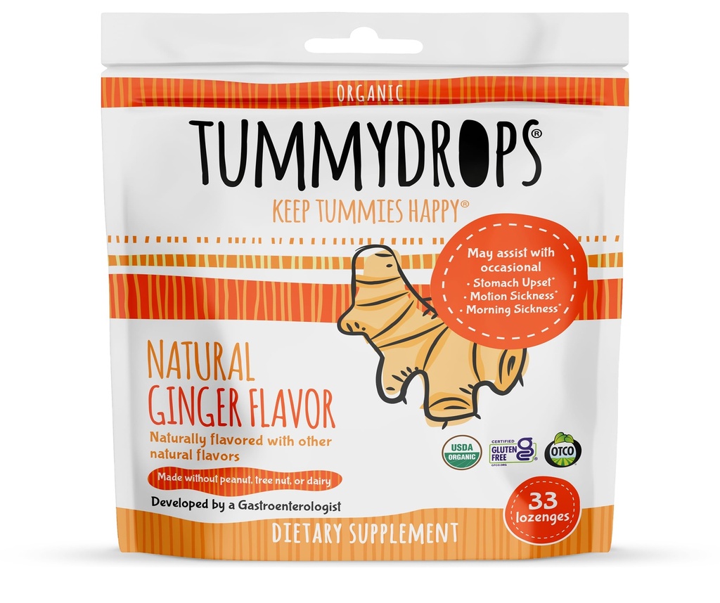 USDA Organic Natural Ginger Tummydrops, Gluten Free & Vegan, 33 Indywidualnie zapakowane krople w worek