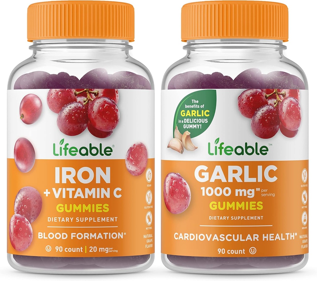 Żywe żelazko z witaminą C + czosnek 1000mg, Gummies Bundle - Great Desting, suplement witaminy, Gluten Free, GMO Free, Gummy do żucia