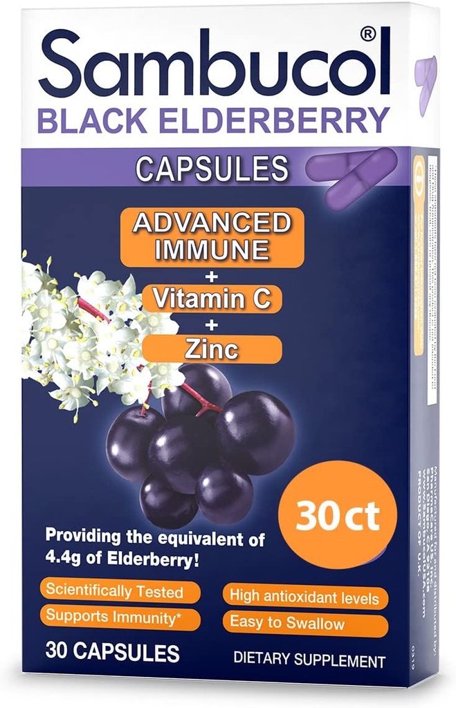 Kapsułki Sambucol Black Elderberry - Advanced Immune, Witamina C i Cynk, Kapsułki Elderberry, Suplement wsparcia immunologicznego, Suplementy Black Elderberry, Gluten Free, Łatwy do połykania kapsułki - 30 Hrabia