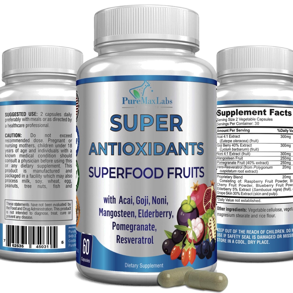 Super przeciwutleniacz owoce Superfood Complex - Potężny przeciwutleniacz Superruits, Acai, Goji, Noni, Mangosteen, Granat, Elderberry, Resveratrol, Wsparcie immunologiczne, Opieka skóry - 60 Kapsułki