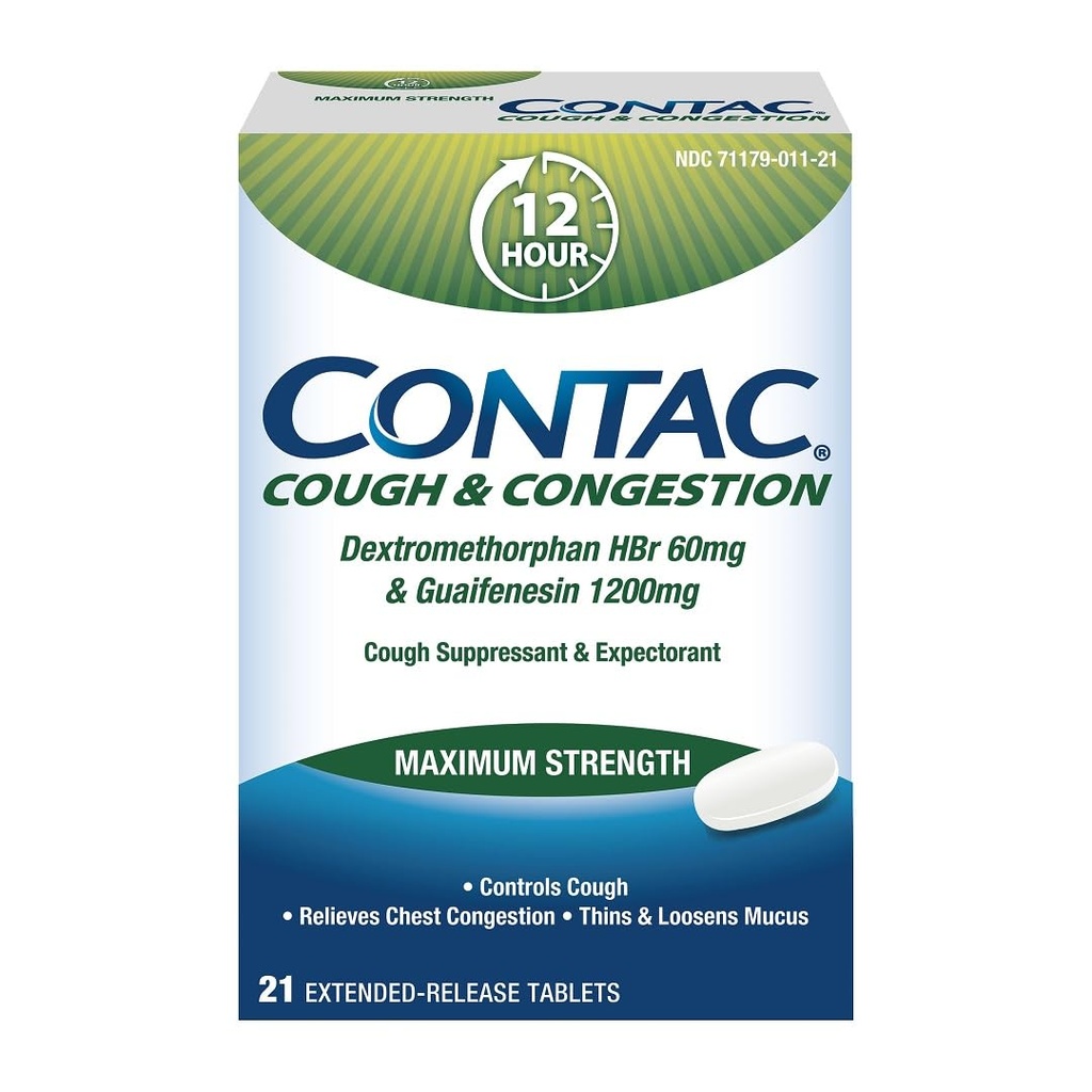 Contac Kaszel & Zatłoczenie Maksymalna siła kontroli Kaszel, Cienki i luźne Mucus, Guaifenesin i Dextromethorphan HBr, Rozszerzone tabletki uwalniania, 21 Count