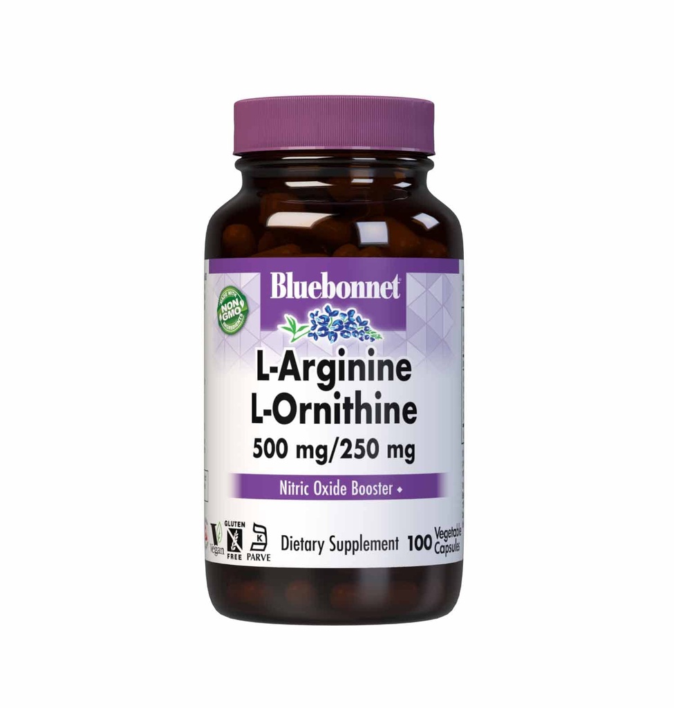 Bluebonnet Nutrition L- Arginina 500mg / L- Orinitina 250mg, Wspiera Metabolizm białka *, Soy- Free, Gluten- Free, Non-GMO, Kosher Certified, Wegan, 100 Kapsułki roślinne
