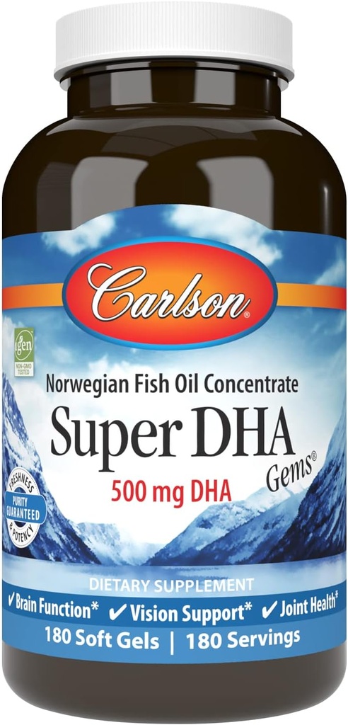 Carlson - Super DHA Gems, 500 mg DHA Supplements, 640 mg Fatty Acids, Wild- Caught Norwegian Arctic Omega 3 Fish Oil Supplement, Sustainable Sourced Fish Oil Capsules, 180 Softgels