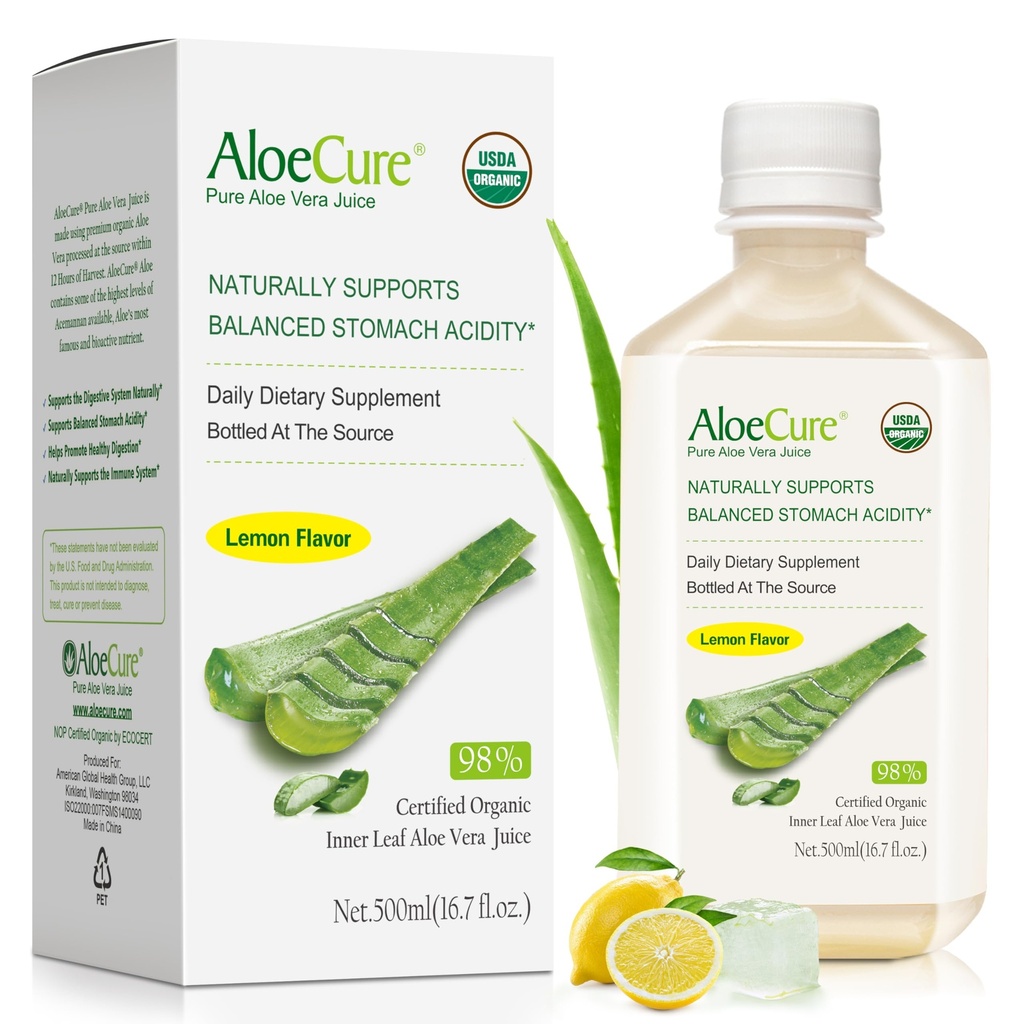 AloeCure USDA Organic Aloe Vera Sok Lemon Flavor - Made In 12 Hours of Harvest - Natural Digestive Supplement for Balanced Stomach Acidity - Support Digestive and Immune Health - 1 Btl x 16.7oz