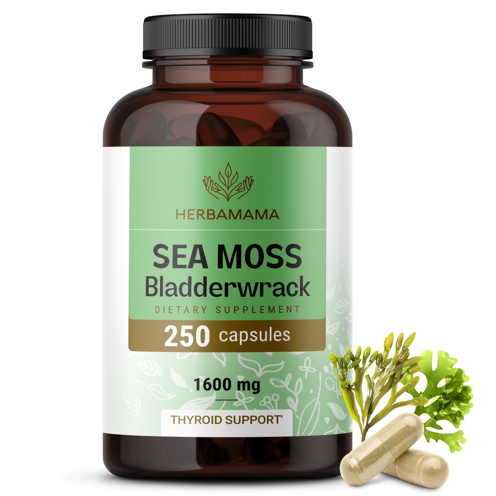 HERBAMAMA Irish Sea Moss Kapsułki - 1600mg Sea Moss i Bladderwrack dla immunologicznego wsparcia - Wegan, nieGMO Suplement odporności dla ogólnego wsparcia