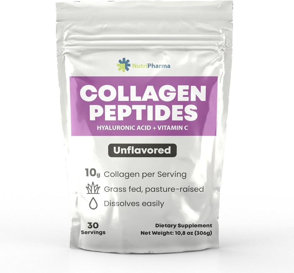 Kolagen Peptydy Proszek z kwasem hialuronowym i witaminą C, Promotes Włosy, paznokci, skóry, kości i stawów zdrowia, Nieflawored Collagen Protein Powder, 30 Słupki, 10,8 oz