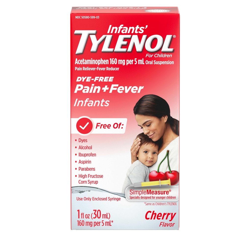 Płynna zawiesina dla niemowląt Tylenol z acetaminofenem, reduktorem gorączki dla niemowląt i lekiem przeciwbólowym na niewielkie ache & pains, ból gardła, ból głowy i ból naparstnicy, nieżyjąca wiśnia, 1 fl. oz