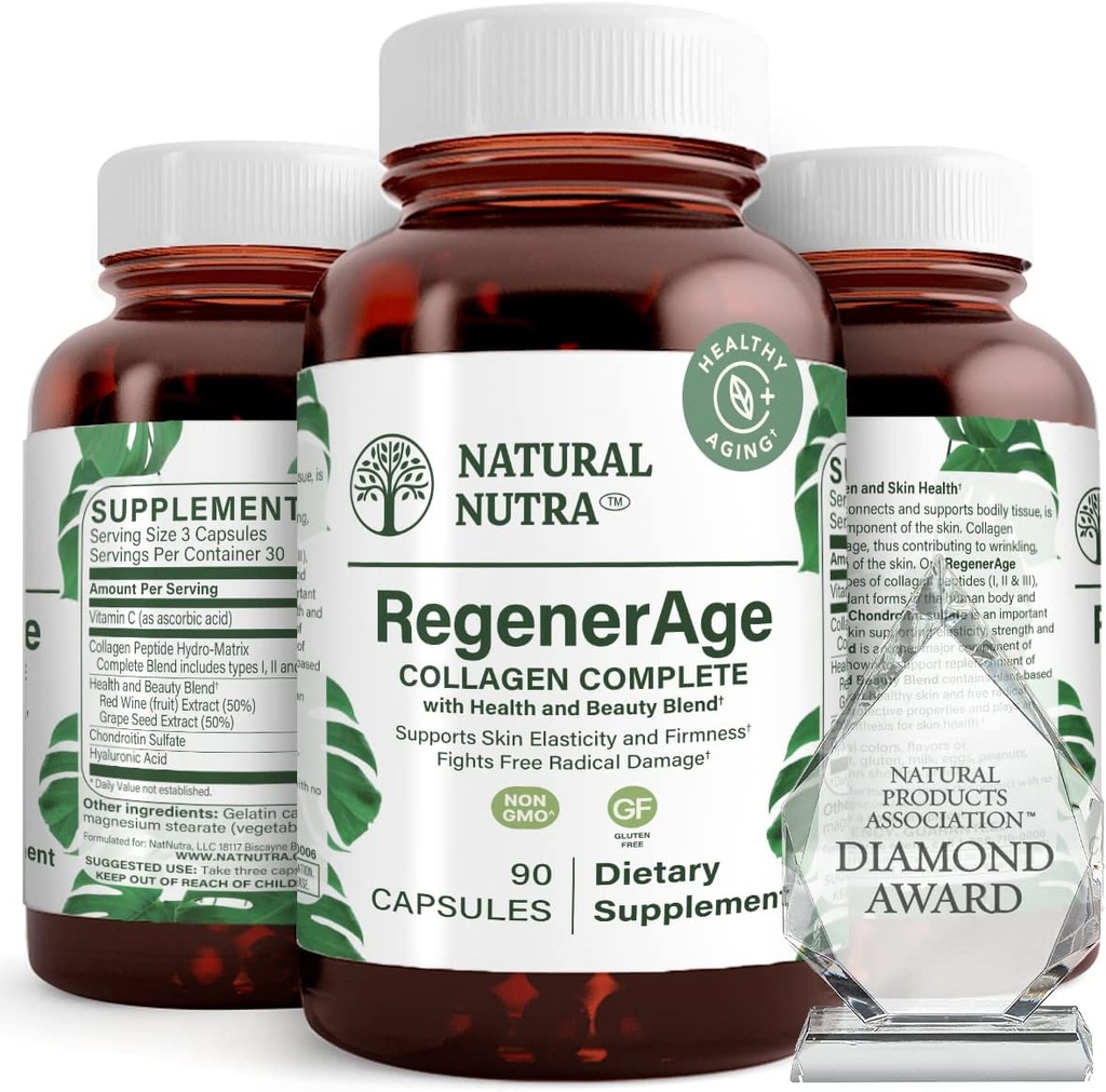 Natural Nutra Regenerage Complete Supplement for Skin Health with Protein Peptydes, Reduct Stretch Marks, Contributes Overall Health, Witamina C, Wyciąg z czerwonego wina z nasion winogron, Gluten Free, 90 Kapsułki.