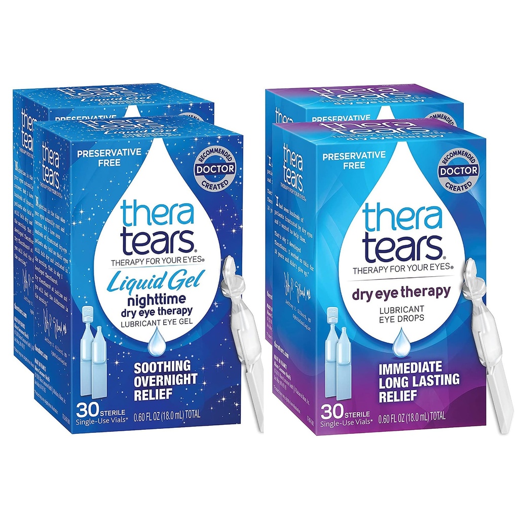 TheraTears Night Therapy Lubricant Eyedrops for Dry Eyes, Conservative Free, Single- Use Vials, Clear, 60 Count, 0.6 Fl Oz with TheraTears Eye Drops for Dry Eyes, 60 Count Single- Use Vials