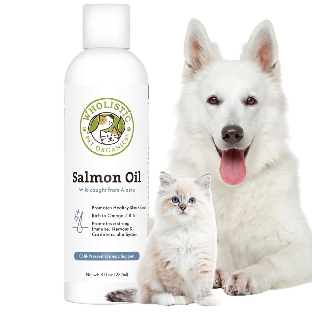 Wholistic Pet Organics Salmon Oil: Deep Sea Wild Alaskan Salmon Oil for Dogs and Cats - Natural Omega 3 Dog Fish Oil Supplement with EPA and DHA for Skin, Coat, Heart and Nerwowy System Health