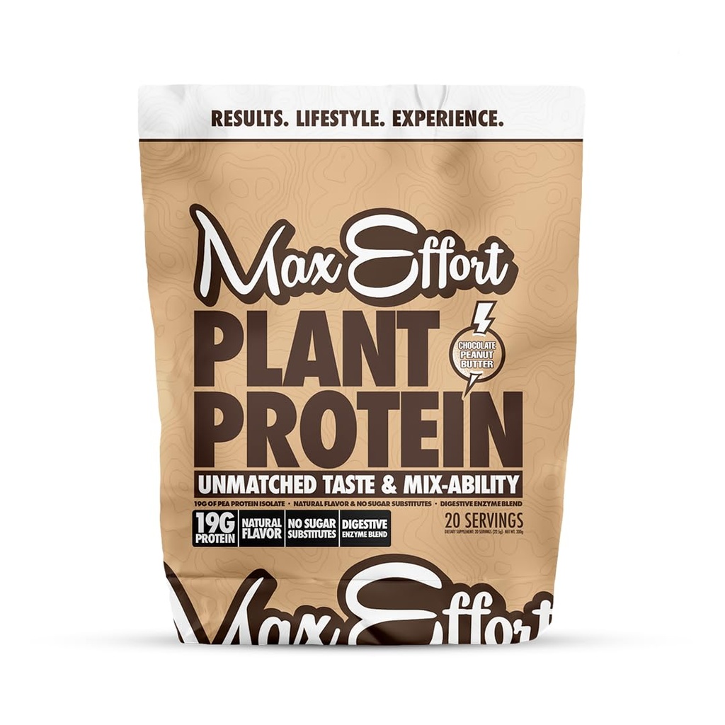 Proszek z białka roślinnego MAX EFFORT, Białko grochu 19 G, Białko grochu na bazie roślin, Wolne od glutenu, Niskie węglowodory, Shake Protein lub Smoothie Mix, Wymiana posiłku, Bez serwatki, Brak substytutów cukru, Czekoladowe masło orzechowe, 20 Srvg