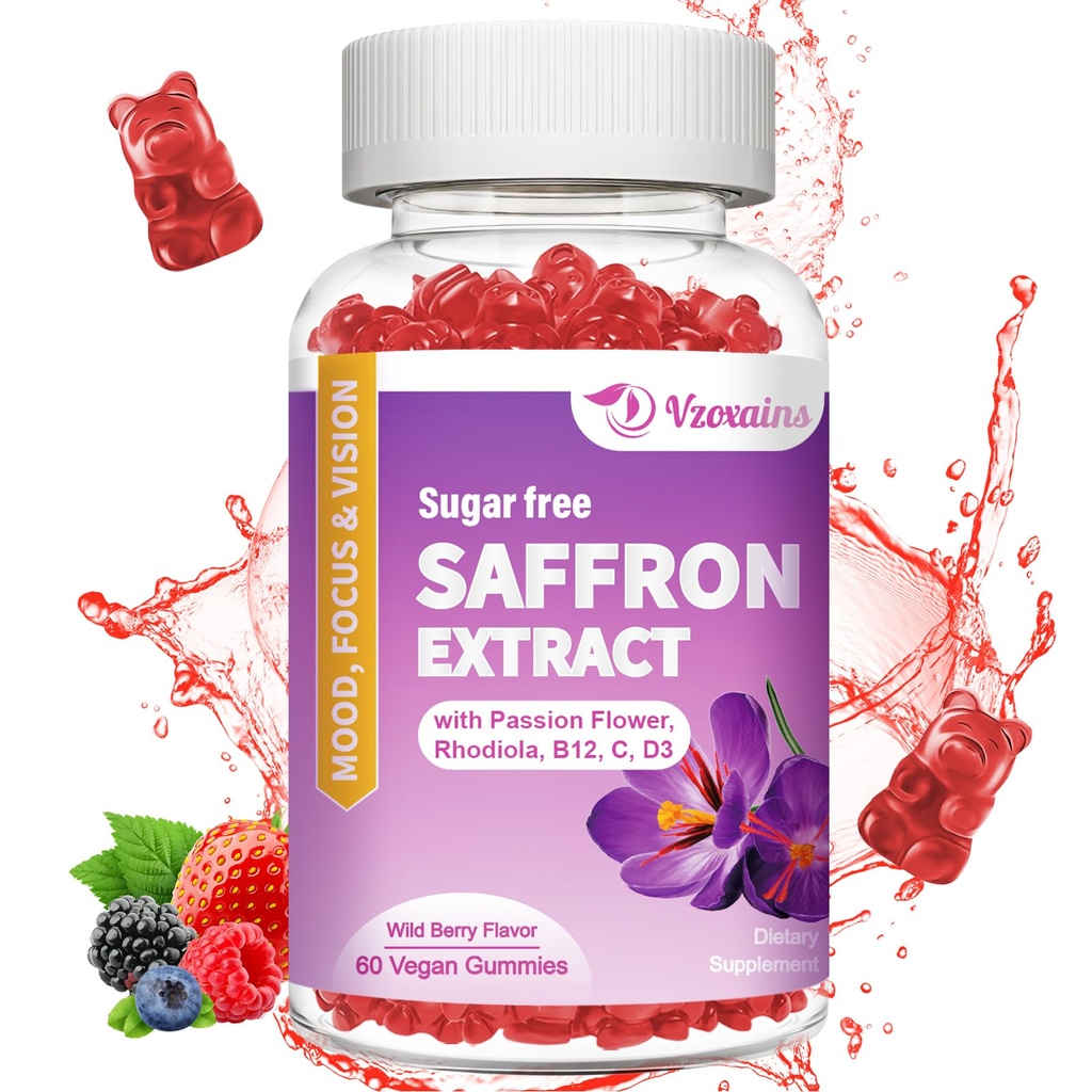 Gummie szafranowe, 10 w 1 Suplementy szafranowe Gummie z Magnezu, Ashwagandha & Rhodiola Rosea, Sugar Free Vegan mieszany Berry Flavor - 60Cts