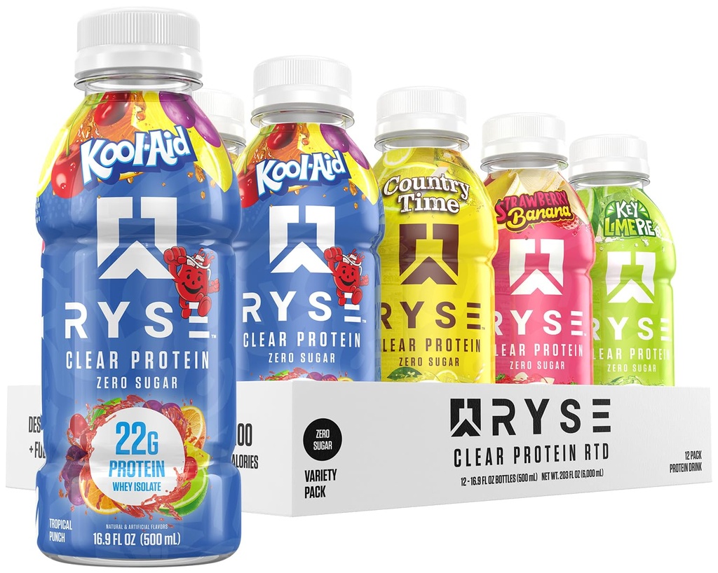 RYSE Przezroczysty napój białkowy - Odmiana Pack - 100 Calories, 22g Whey Isolate Protein Shake, Sugar- Free, 0g Fat & Lactose- Free - Odświeżające Ready- to- Drink Napoje - 16.9 fl oz Butelki (12- Pack)