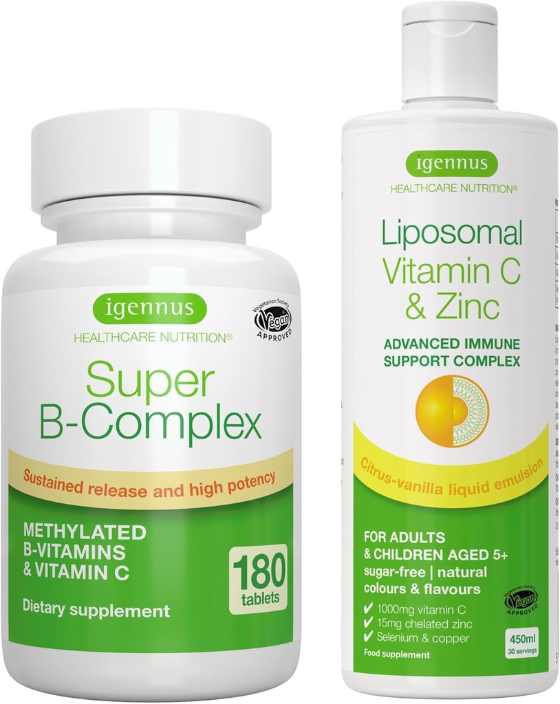Super B- Complex + Witamina Liposomalna C 1000mg & Cynk Wegan Bundle, Metylowany Trwały Release B Complex & Wysoka Absorpcja Płynny zespół wsparcia immunologicznego, przez Igennus