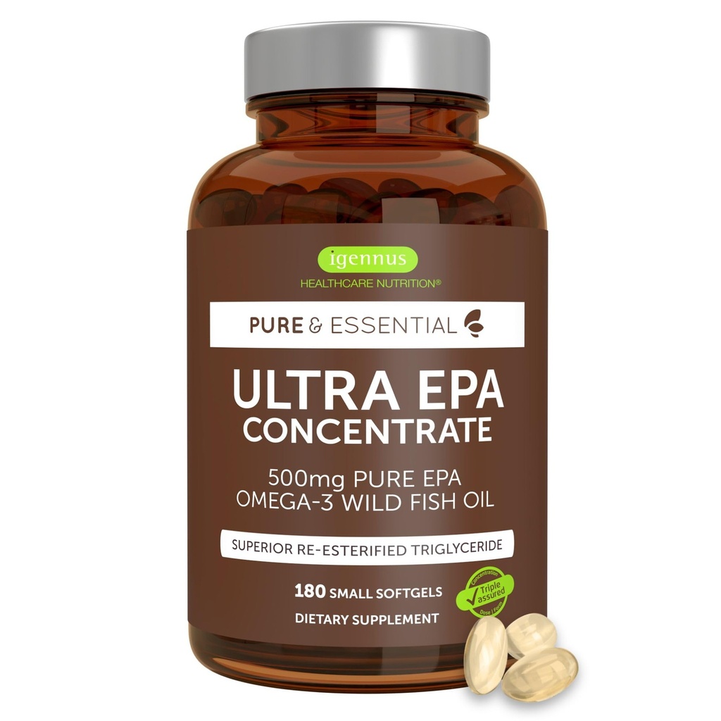 Igennus Ultra Pure Omega-3 EPA 500mg, wysoko skoncentrowany IFOS Certified Wild Fish Oil, Advanced rTG Trigliceryde Form, Non-GMO, 180 Małe softgele