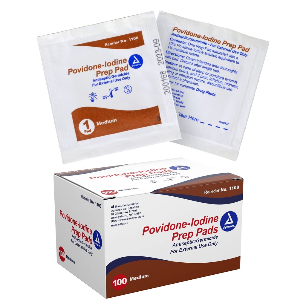 Dynarex Povidone- Jod Prep Pads, nasycony powidonem jodu 10%, Medical- Grade Antyseptyczne chusteczki stosowane do przygotowania wcześniejszych niewielkich procedur, Średnio, 1 Przypadek 100 Prep Pads