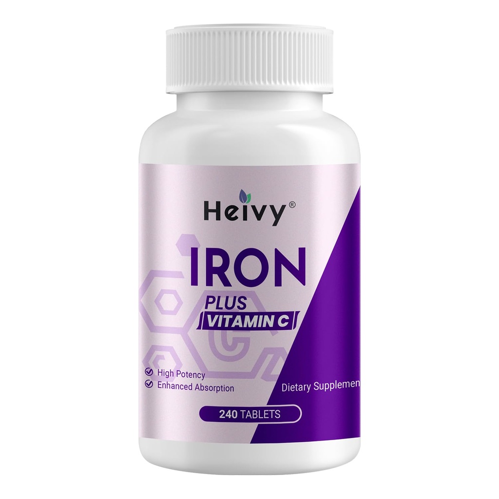 Heivy żelazny siarczan 325mg (Żelazo 65mg), suplement żelaza o dużej mocy dla kobiet i mężczyzn, żelazne tabletki z witaminą C, żelazny siarczan, nie-GMO - 240 tabletek Made in USA