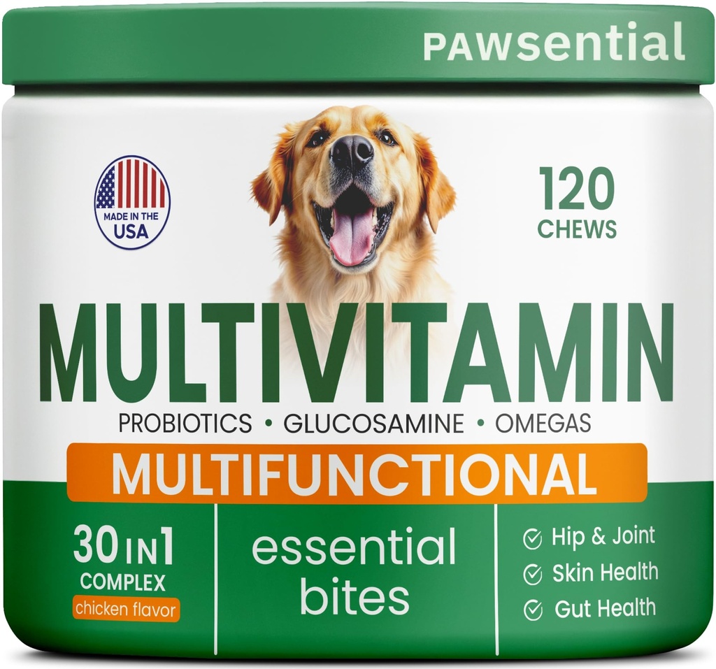 Pies Witaminy + Glukozamina - Przeżuwalne Multiwitaminy + Probiotyki, Omega - Hip & Joint Support, Skóra & Płaszcz, Gut Health - Dorośli i Seniorzy - Duża i Mała Rasa - 120 Przeżuwaczy