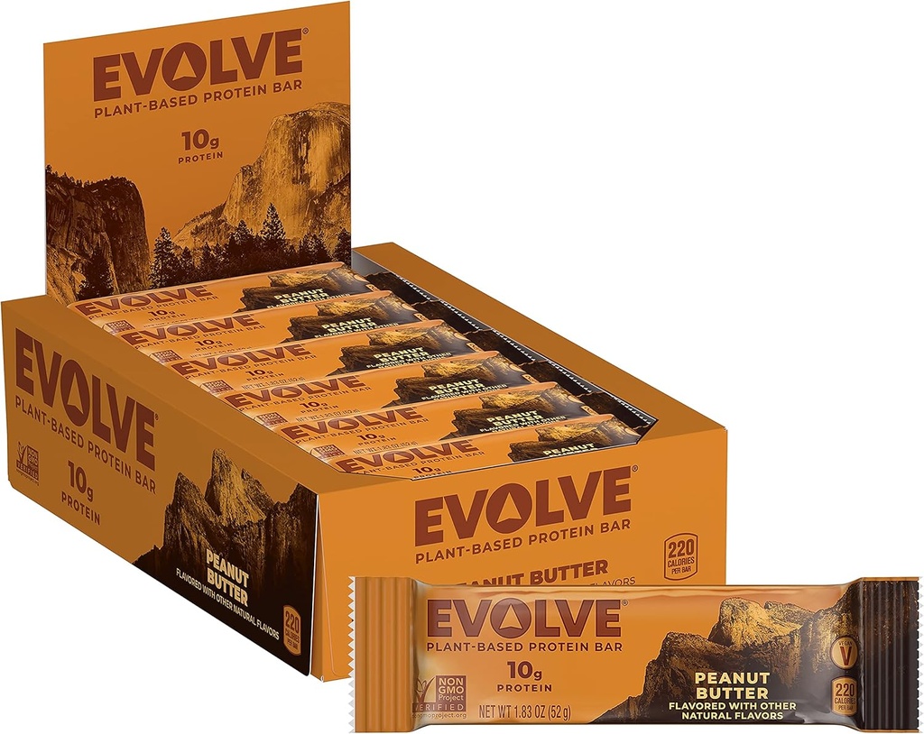 Evoluve Plant Based Protein Bar, Masło orzechowe, Bezmleczne, Bez sztucznych aromatów, Nie-GMO, Opakowania Wary maja, 10 g, 12 Ilość (Opakowanie 1)