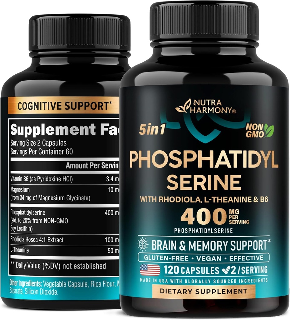 Fosfatydyloseryna 400 mg z L- Theaniną, Magnezem i Witaminą B6, Rhodiola Rosea - Mózg, Memory & Focus Support - Certified Non-GMO, Naturally Derived & Biodostępny - Made in USA - 120 Сappels