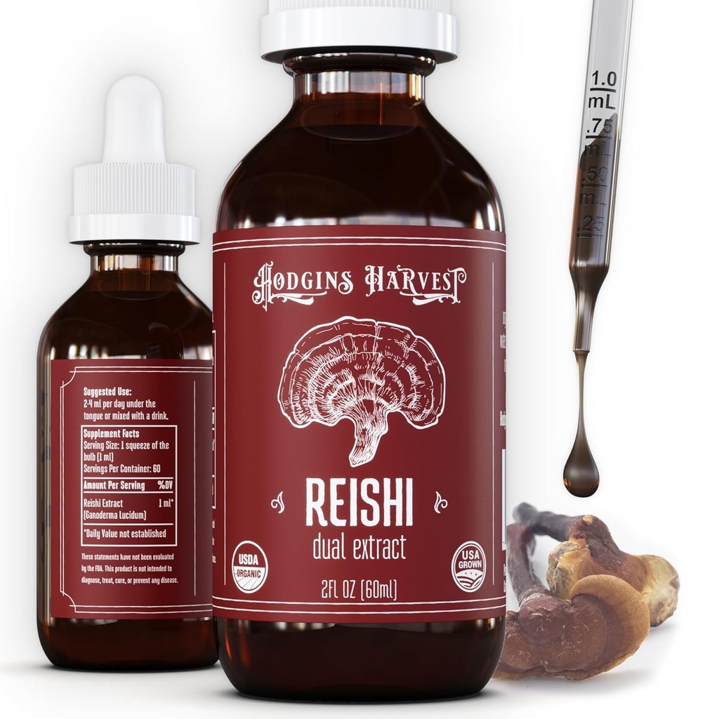 Hodgins Żniwa Organic Reishi Mushroom Fruiting Body Extract Tincture - Extra Concentrated Dual Extract Supplement - Supports Heart Health & Wellness - USDA Organic Mushrooms - 2 oz