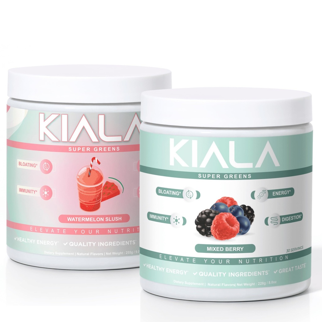 Kiala Nutrition Super Zielone, Organiczne Zielone Proszek, Spirulina i Chlorella Superfood Proszek, Cukier i gluten wolny Wegan, Spectra Mieszanka, Arbuz i mieszanka Berry 2 Pack