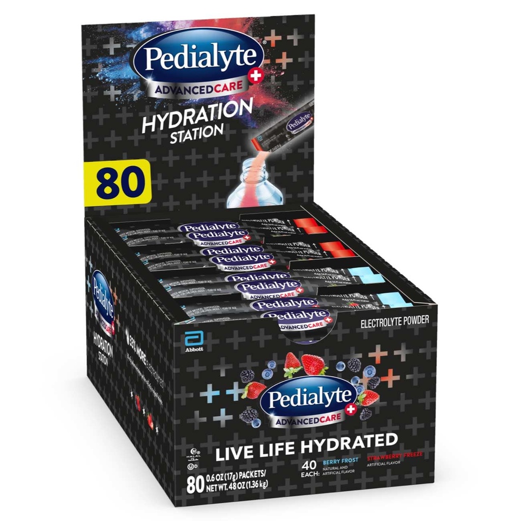 Pedialyte AdvancedCare Plus Electrolyte Powder, ma 33% więcej elektrolitów i PreActiv Prebiotyki, Hydration Station Variety, 80 Puder Pakiety