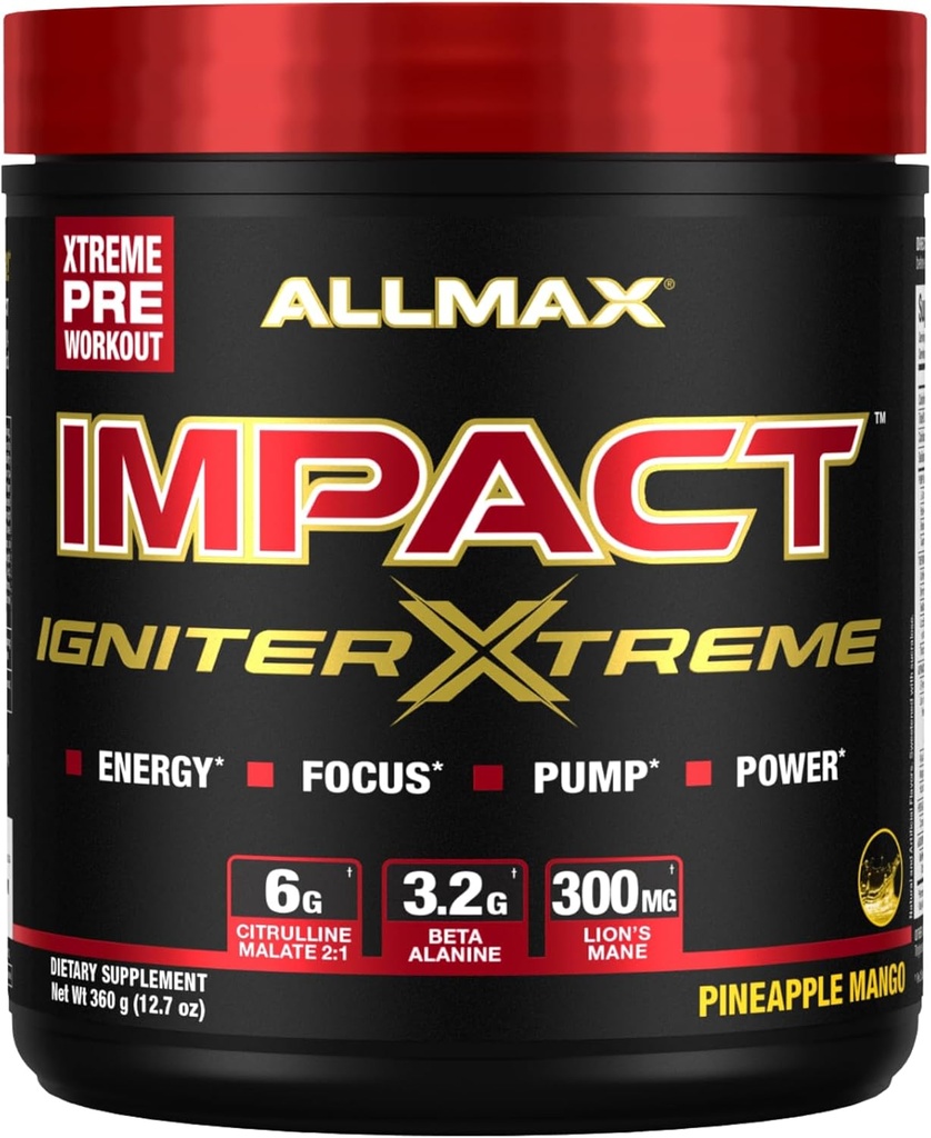 ALLMAX Nutrition - Impact Igniter Extreme Pre Workout Powder - z Citruline Malate, Beta - Alanina, Kofeina, Tauryna i, Betaine bezwodny (Ananasowy Mango)