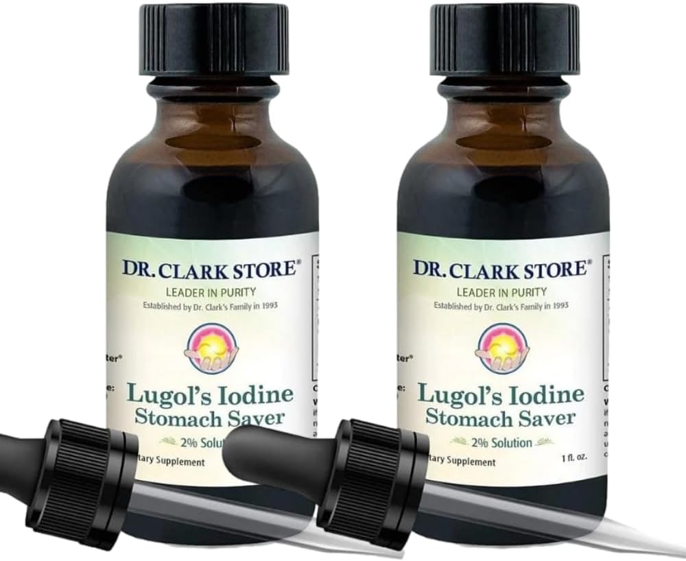 Jod Dr. Clark Lugol 2% Rozwiązanie - Wodny i 2% Jod granulowany - Naturalny Stomach Relief i Opieka zdrowotna - 1 fl. Oz z kroplomierzem 2Pack