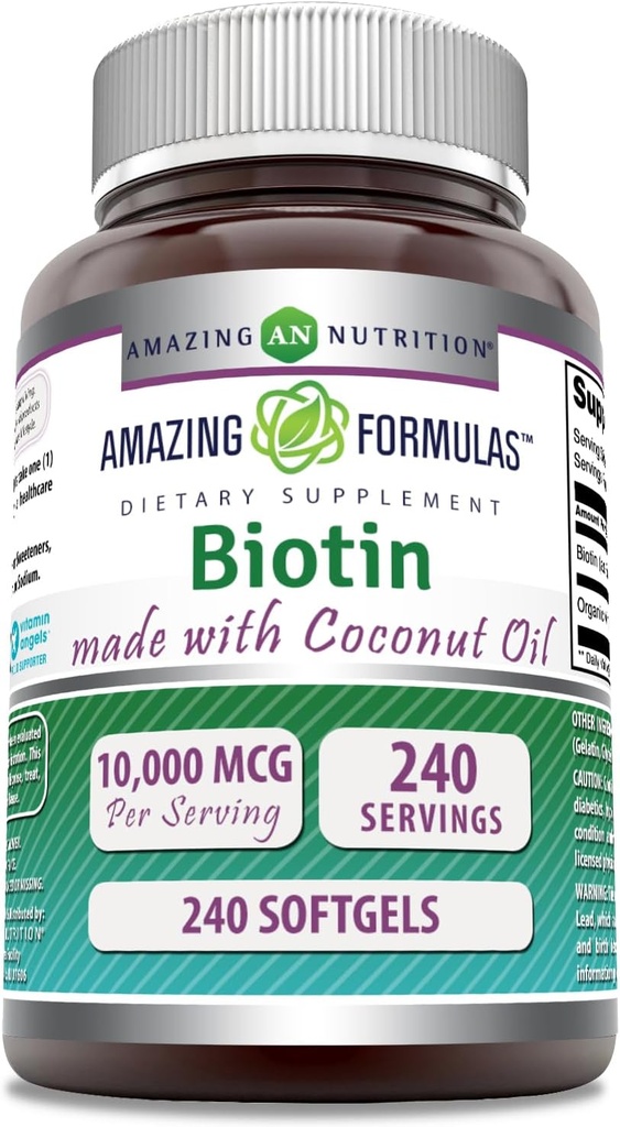 Amazing Biotin Biotin z Extra Virgin Organic Coconut Oil Supplement Equipment 124; 10000 Mcg Equipment 124; Softgels Equipment 124; Non-GMO Equipment 124; Gluten- Free Equipment 124; Made in USA (1 Pack, 240 Count)