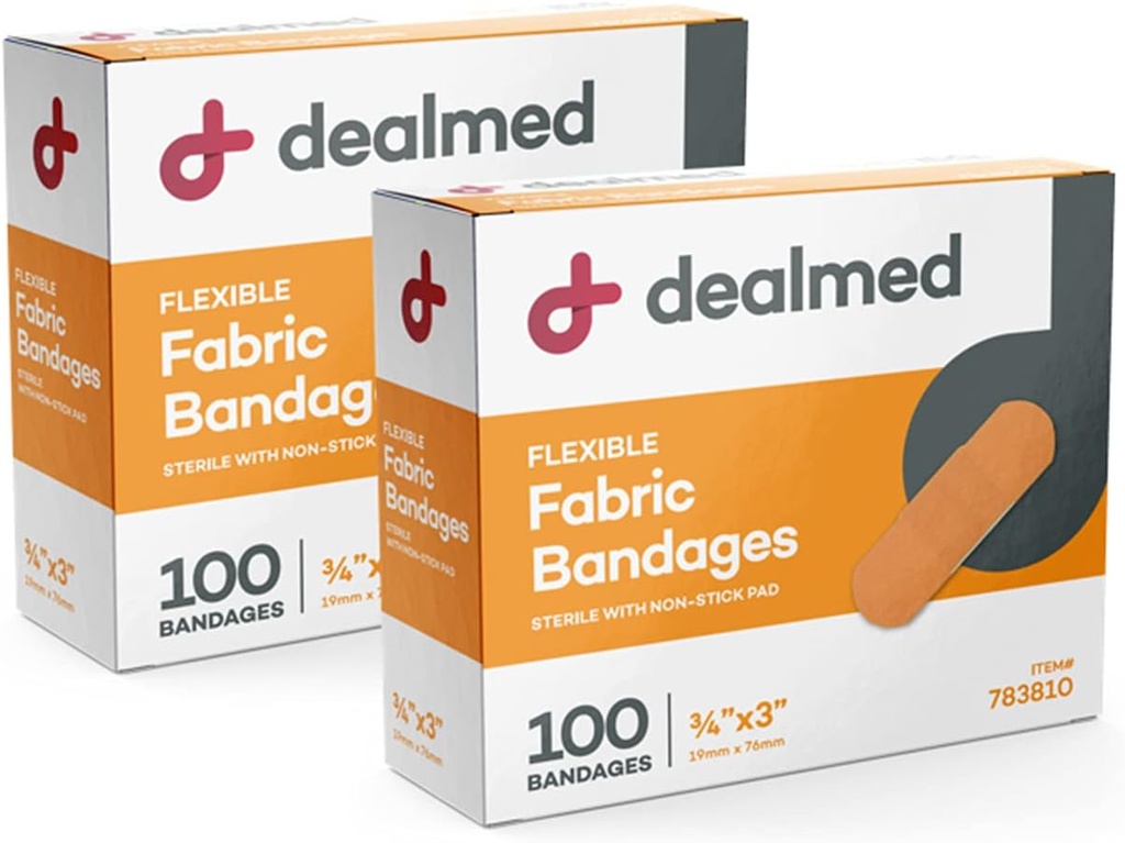 Dealmed Fabric Elastyczne opatrunki adhezyjne - 100 Hrabia (2 Pack) Bandaże z Non-Stick Pad, Latex Free, Opieka nad ranami dla pierwszego zestawu pomocy, 3 "x 3 / 4"