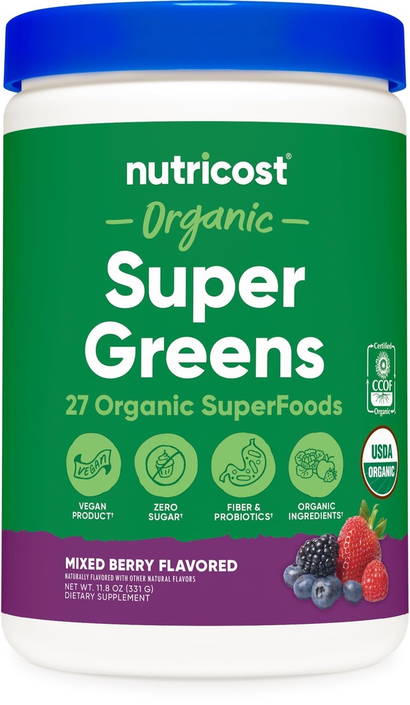 Nutricost Organic Super Zielonych Proszek (30 Służenia) Mieszany aromat jagodowy - Superfood Supplement Drink Mix