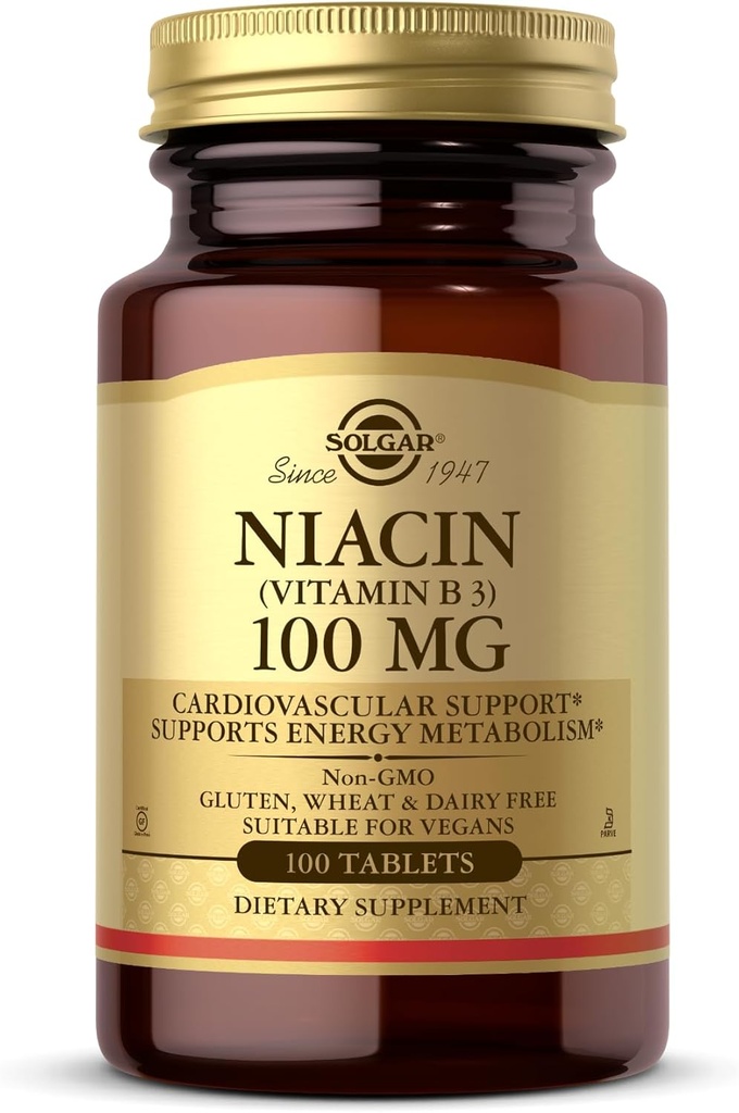 Solgar Niacyna (Witamina B3) 100 mg - 100 Tabletki - Wspiera metabolizm energii - Non-GMO, Wegan, Gluten Free, Wolny od mleka, Kosher - 100 Służenie