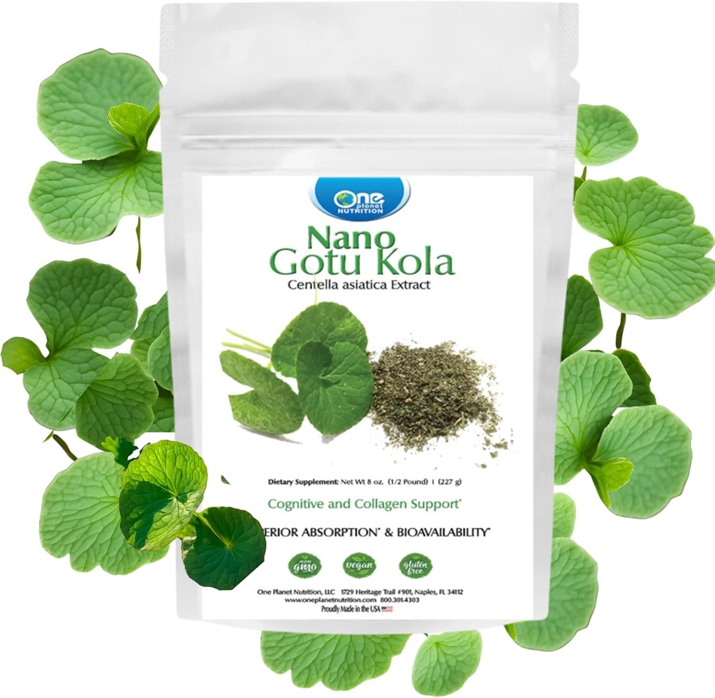 One Planet Nutrition Nano Gotu Kola Powder 8 oz (227 Servings), Gotu Kola Extract, Nano for Enhanced Absorption, Enhances Brain Function & Collagen Syntesis, Non-GMO, Wegan, Gluten- Free