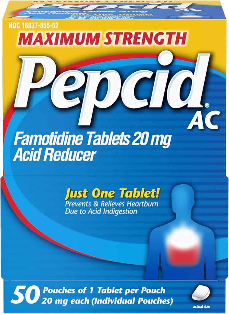 Pepcid AC Maksymalna moc Heartburn Relief Tablets, OTC Medicine Zapobiega i łagodzi Heartburn & Acid Refluks Ze względu na niestrawność kwasu, 20mg Reduktor kwasu famotydynowego, Szybkie działanie, 1 x 50