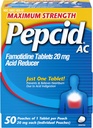 Pepcid AC Maksymalna moc Heartburn Relief Tablets, OTC Medicine Zapobiega i łagodzi Heartburn & Acid Refluks Ze względu na niestrawność kwasu, 20mg Reduktor kwasu famotydynowego, Szybkie działanie, 1 x 50