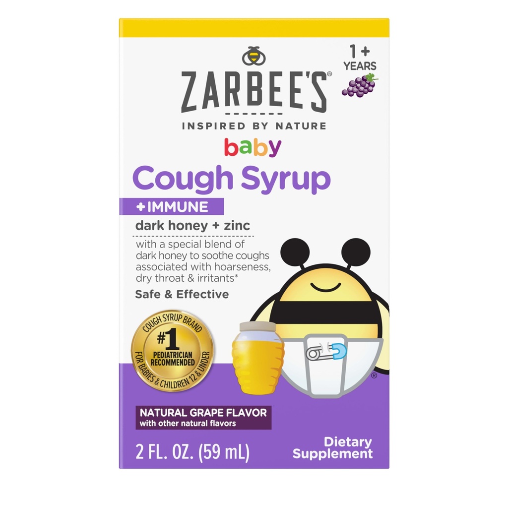 Syrop z miodu Zarbee + Immune dla niemowląt 12- 24 Miesiące, Bezpieczny i skuteczny Syrop Kaszlowy z Soothing Dark Honey & Cynk dla wsparcia immunologicznego *, Narkotyk i Alkohol - wolne, Grape, 2 fl. Oz