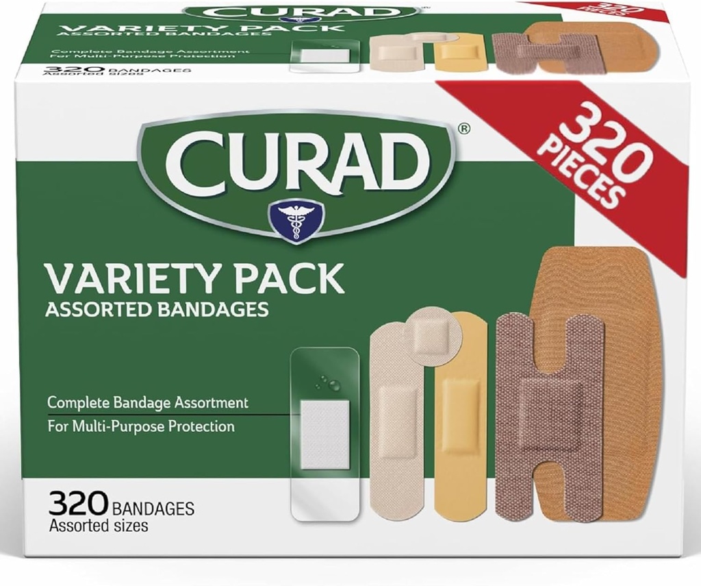 CURAD Różne bandaże luzem Odmiana Pack 320 Count 5 Style Wodoodporny, Sheer, Plastic, Ciężkie Duty & Flex- Fabric First Aid Kit Essentials Chroni Scrapes, Ciuty & Burns