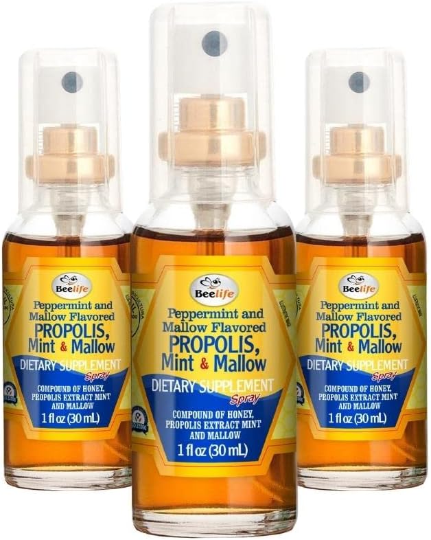 Beelife Propolis Throat Spray - Miód kojący, Mięta i Malva Propolis Spray - Naturalne wsparcie immunologiczne i ból gardła Relief - Bee Propolis - Przeciwutleniacze, Flavonoids & Arterabrinin C, Gluten- Free - 3- Pack