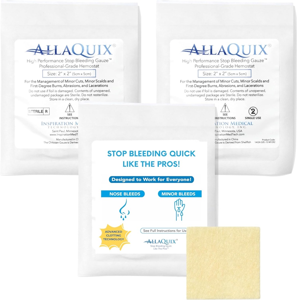 Wysokiej wydajności Stop Krwawienie gazowe Pads - 3- Pack (2 "x2") Reg. 124; Hemostatyczne opatrunki rany dla cięcia i pierwszej pomocy Zestawy 124; Sterylne, Drug- Free, Szybkie Klotting Pads