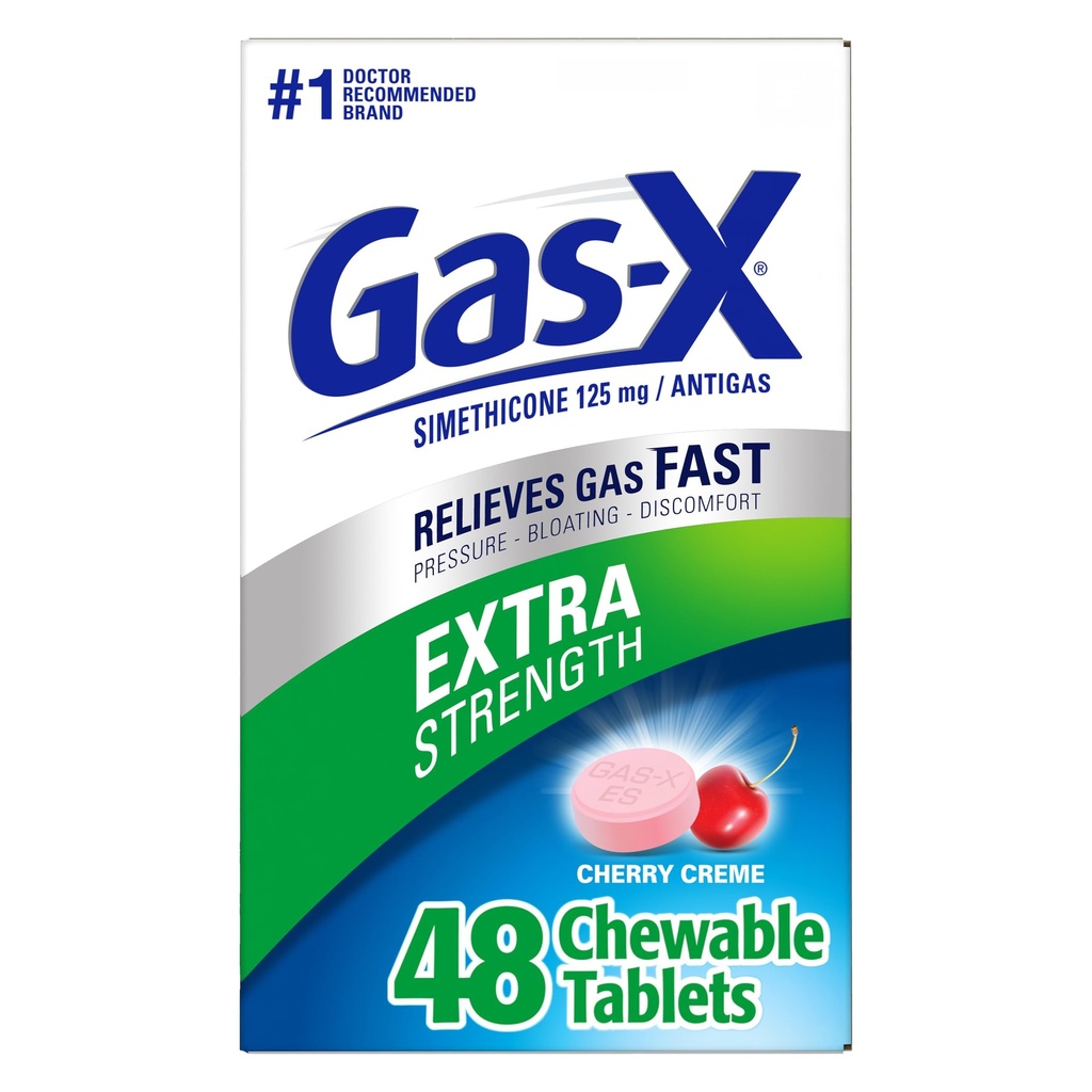 Gas- X Ekstra Siła do żucia Gaz Relief Tablets z Simeticone 125 mg, Cherry - 48 Count