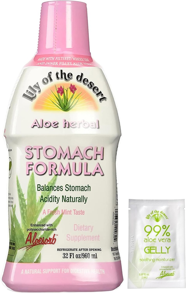 Lily of The Desert Stomach Formuły, Organic Aloe Vera Juice ze śliskim Elm, Rumianek, Peppermint, i Ginger for Gut Health, Acid Refluke, Heartburn Relief, 32 Oz, Gelly Sachet w tym.