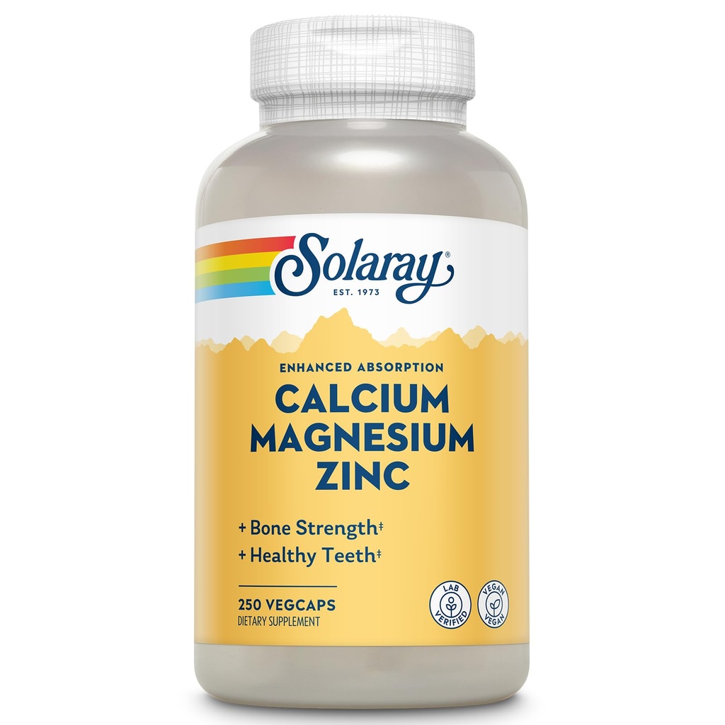 SOLARAY Wapnia Magnezu Cynk Suplement - z wapniem 1000mg, Magnezu 500mg - Bone Health, Funkcje mięśniowe, Heart Health and Immune Support - Wegan, 60 Day Guarantee, 62 Servings, 250 VegCaps