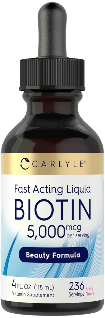 Carlyle Biotin 5000mcg krople płynne 124; 4 fl oz 124; dla kobiet i mężczyzn 124; Berry Flavor 124; Beauty Formula 124; Wegetarianin, Non-GMO & Gluten suplement wolny