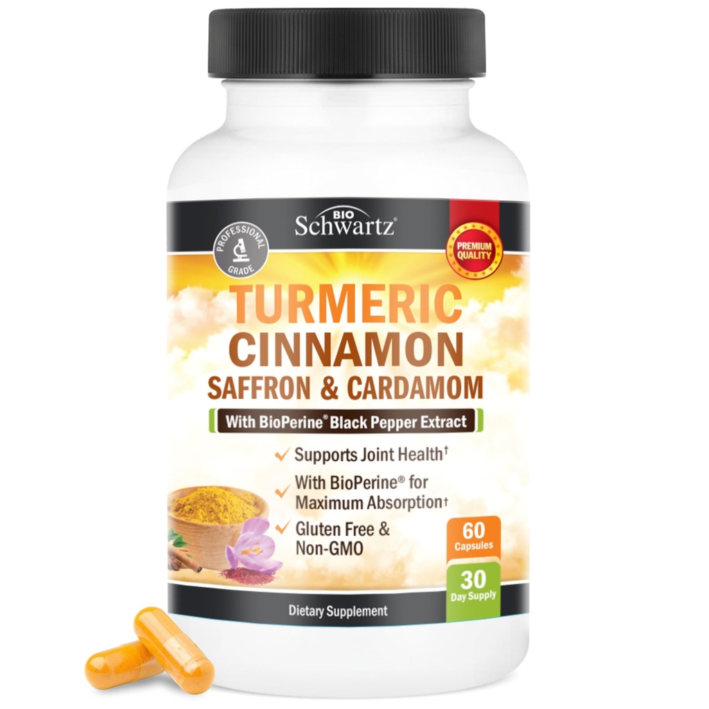 Suplement turmerowy z Saffron, cynamon i kardamon Plus BioPerine Black Pepper Extract for Optimal Absorption, Natural Tumeric Curcumin Joint Supplement for Women and Men, 60 kapsułki