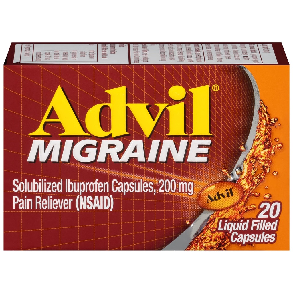 Advil Migrena Ból głowy Relief, Ibuprofen Kapsułki z Ibuprofen 200mg dla Migrena Relief, Nudności Relief i Lekka Relief Wrażliwości - 20 Kapsułki napełnione płynem