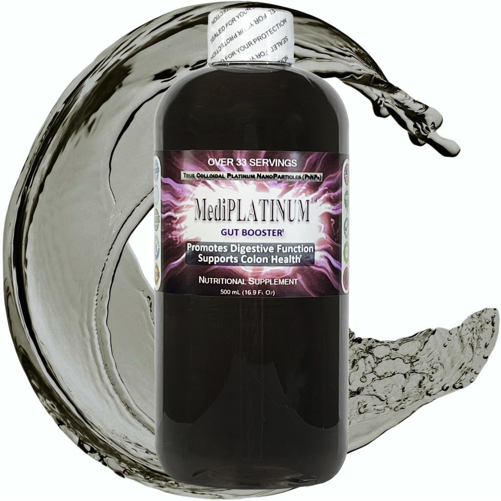 MediPLATINUM Gut Booster True Colloidal Platinum PtNP Nutritional Supplement - 500 ml (16.9 Fl Oz) w przezroczystej butelce z tworzywa sztucznego bez BPA-